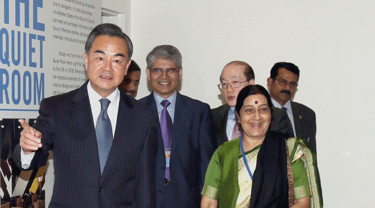 External Affairs Minister Sushma Swaraj with her Chinese counterpart Wang Yi before starting a bilateral meeting on the sideline of UN General Assembly in New York on Thursday. (Photo courtesy: PTI)