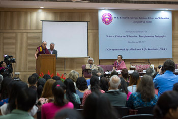 His Holiness the Dalai Lama delivering the inaugural address at the international conference on Science, Ethics and Education at the University of Delhi in Delhi, India on March 24, 2015. (Photo courtesy/Tenzin Choejor/OHHDL)