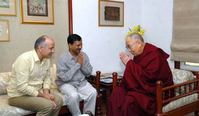 His Holiness the Dalai Lama meet Delhi Chief Minister Arvind Kejriwal and his deputy Manish Sisodia.