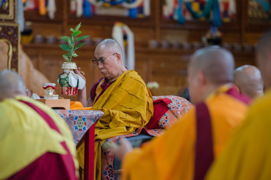 His Holiness the Dalai Lama conducting preparatory rituals before the start of the second day of his four day teaching at Gyuto Tantric College in Sidbhari, HP, India on May 11, 2015. (Photo courtesy/Tenzin Choejor/OHHDL)