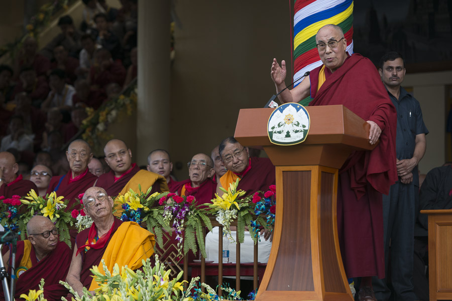 His Holiness the Dalai Lama speaking during celebrations honoring his 80th birthday at the Main Tibetan Temple in Dharamsala, HP, India on June 21, 2015. (Photo courtesy/Tenzin Choejor/OHHDL)