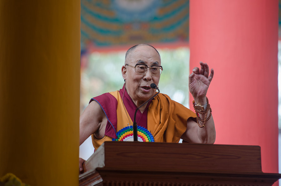 His Holiness the Dalai Lama speaking during celebrations commemorating the 26th anniversary of his receiving the Nobel Peace Prize in Hunsur, Karnataka, India on December 10, 2015. (Photo courtesy/Tenzin Choejor/OHHDL)