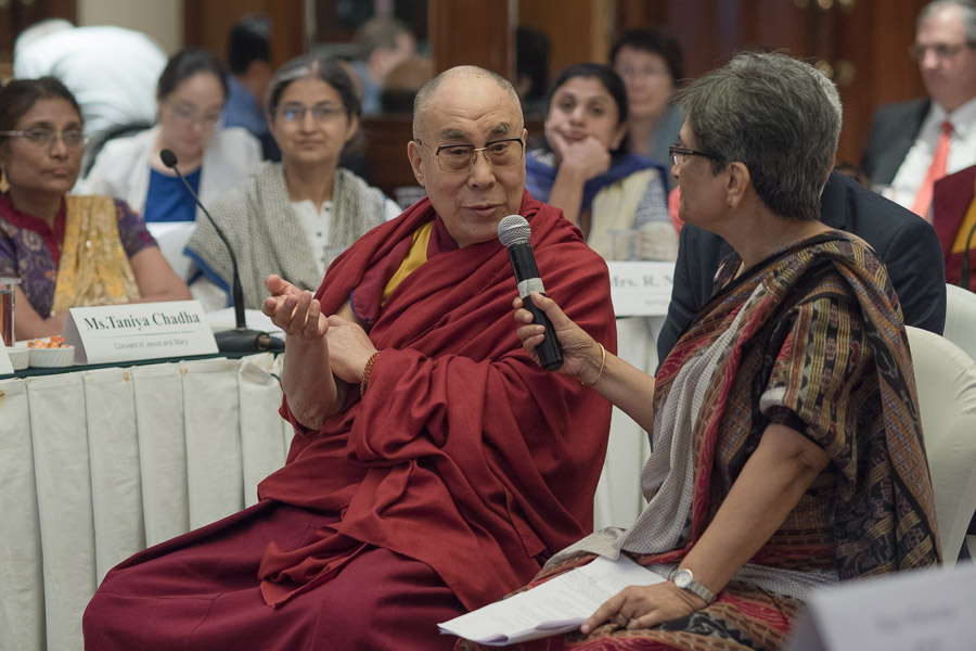 His Holiness the Dalai Lama commenting on the presentations during the morning session of the meeting on Secular Ethics Curriculum in New Delhi, India on April 7. 2016. (Photo courtesy/Tenzin Choejor/OHHDL)
