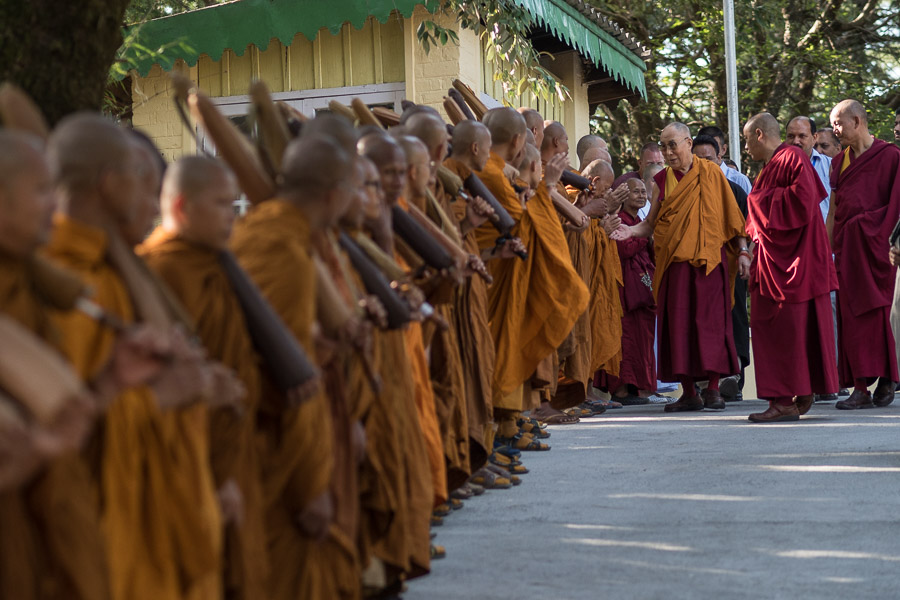 His Holiness the Dalai Lama greeting a group of Thai monks before they head to the Main Tibetan Temple for Vesak prayers, a day honoring the birth, enlightenment, and passing of Buddha in Dharamsala, HP, India on May 21, 2016. (Photo courtesy/Tenzin Choejor/OHHDL)