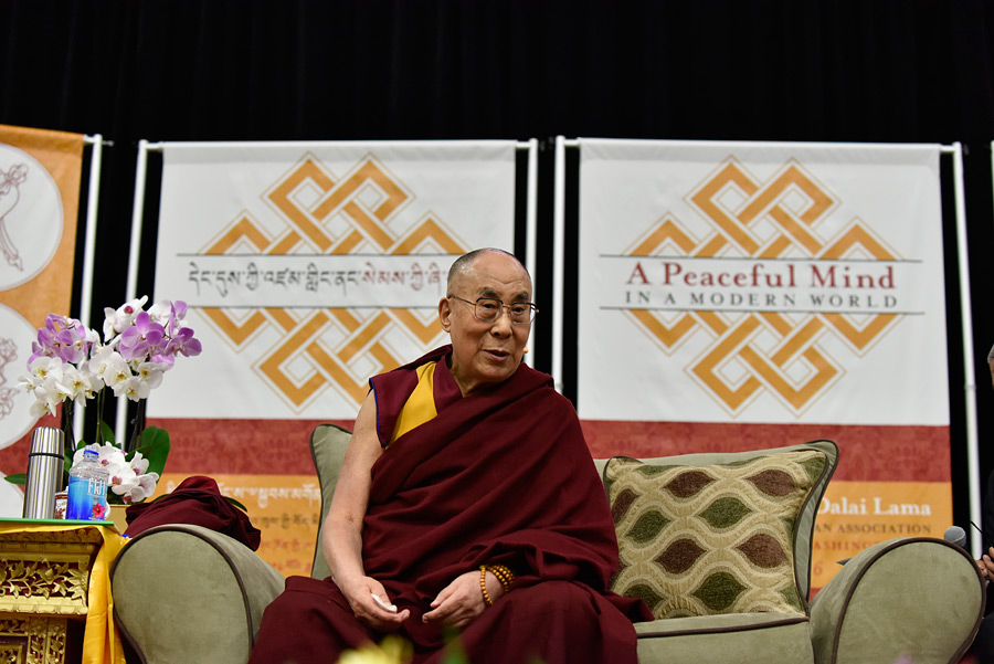 His Holiness the Dalai Lama answering questions from the audience during his talk on 'A Peaceful Mind in a Modern World' in Washington DC, USA on June 13, 2016. (Photo courtesy/Sonam Zoksang/OHHDL)