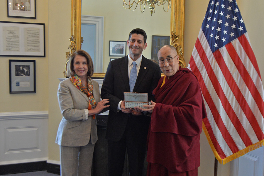 His Holiness the Dalai Lama with House Speaker Paul Ryan and House Minority Leader Nancy Pelosi holding a box with a watch presented to the then ten year old Dalai Lama by President Franklin D Roosevelt during his visit to Capitol Hill in Washington DC, USA on June 14, 2016. (Photo courtesy/Sonam Zoksang/OHHDL)