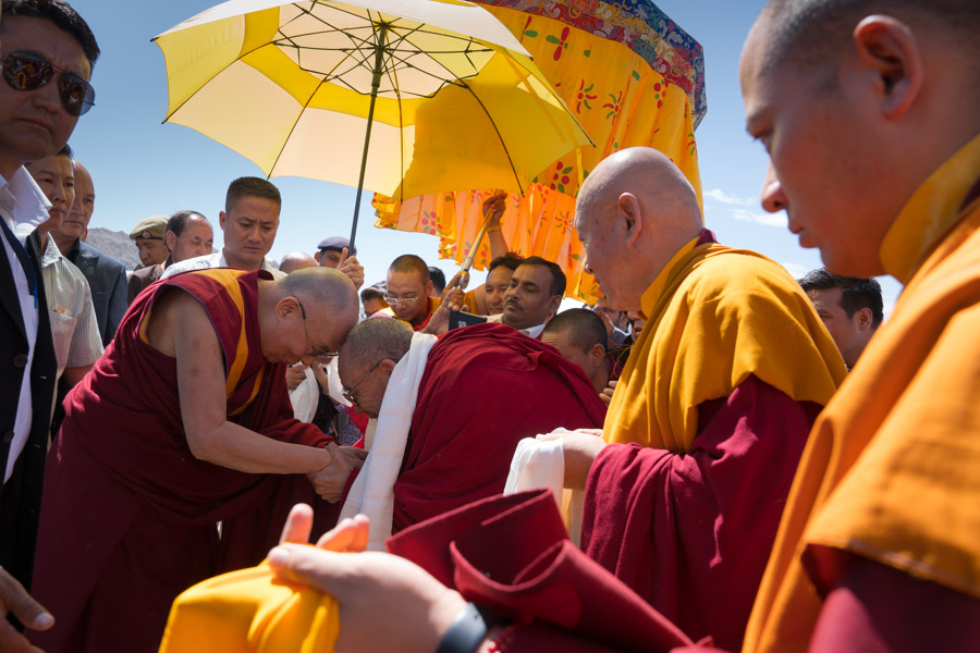 His Holiness the Dalai Lama being greeted on his arrival at Kushok Bakula Rinpoche Airport in Leh, Ladakh, J&K, India on July 25, 2016. (Photo courtesy/Tenzin Choejor/OHHDL)