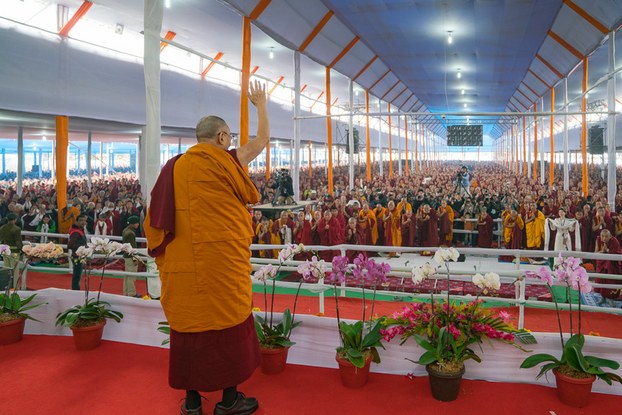 Tibetan spiritual leader the Dalai Lama greets devotees in Bodh Gaya, India, Jan. 2, 2017. (Photo courtesy: OHHDL)