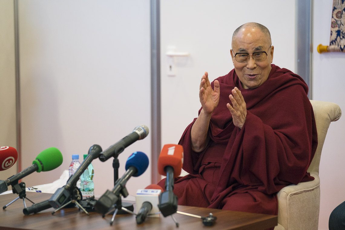 His Holiness the Dalai Lama speaking to members of the media in Riga, Latvia on September 23, 2017. (Photo courtesy: T Choejor/OHHDL)