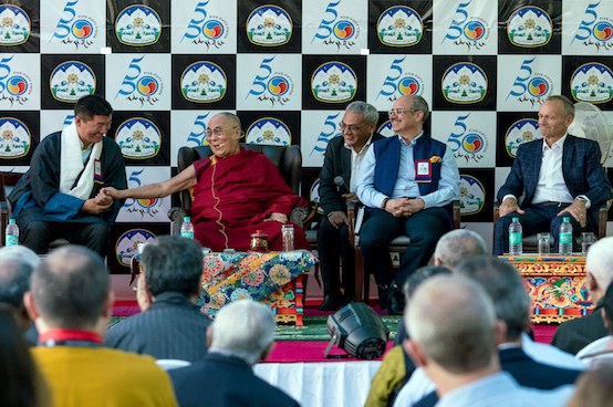 HIs Holiness the Dalai Lama with President Dr Lobsang Sangay at the second day of the five-fifty forum. (Photo courtesy/T Choejor/OHHDL)