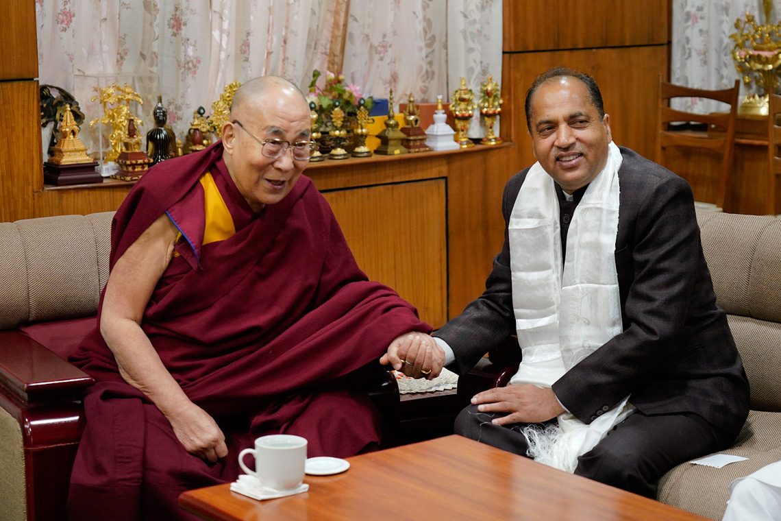 Chief Minister of Himachal Pradesh Jai Ram Thakur and His Holiness the Dalai Lama during their meeting at His Holiness's office in Dharamsala, HP, India on February 1, 2018. (Photo courtesy: OHHDL)