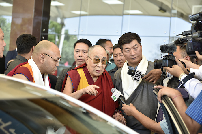 His Holiness the Dalai Lama speaking to reporters on his arrival at Gaggal Airport, 25 April 2018. (Photo courtesy/Tenzin Jigme/DIIR)