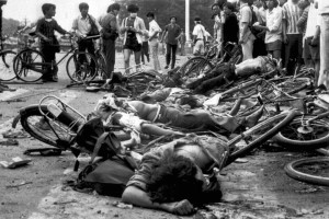 Bodies of dead civilians lie among mangled bicycles near Tiananmen Square in the early morning of June 4, 1989. (Photo courtesy: SCMP)