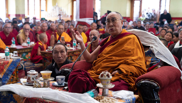 His Holiness the Dalai Lama delivering his remarks to the gathering at the Jokhang in Leh, Ladakh, J&K, India on July 4, 2018. (Photo courtesy: Tenzin Choejor/OHHDL)