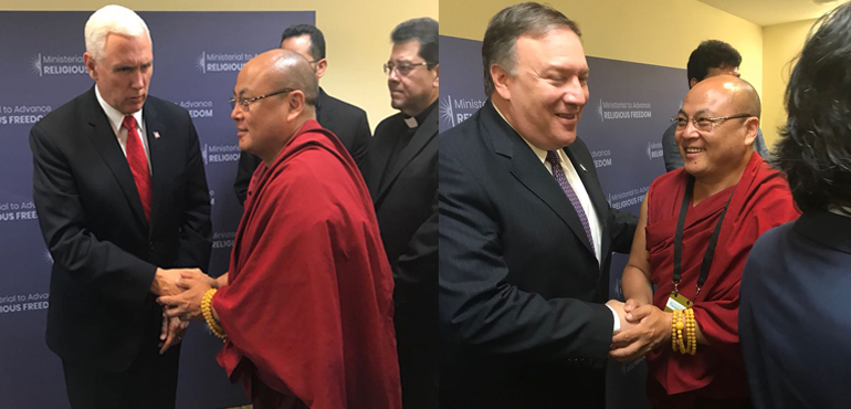 Former Tibetan political prisoner and activist Golog Jigme meeting with Vice President of United States Mike Pence and Secretary of State Mike Pompeo.