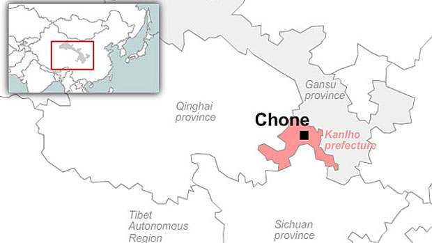 A map showing the location of Chone county in China's Gansu province. (Map courtesy: RFA)